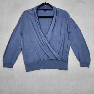 Lafayette 148 New York Sweater Womens Large Blue 100% Wool Wrap Knit V Neck